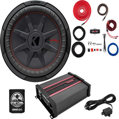 KICKER Subwoofer and Amp Package of 3 Items - 12" CompRT 1000 Watt Sub, DS18 Class D Monoblock Amplifier, and Complete 4AWG Wiring Kit