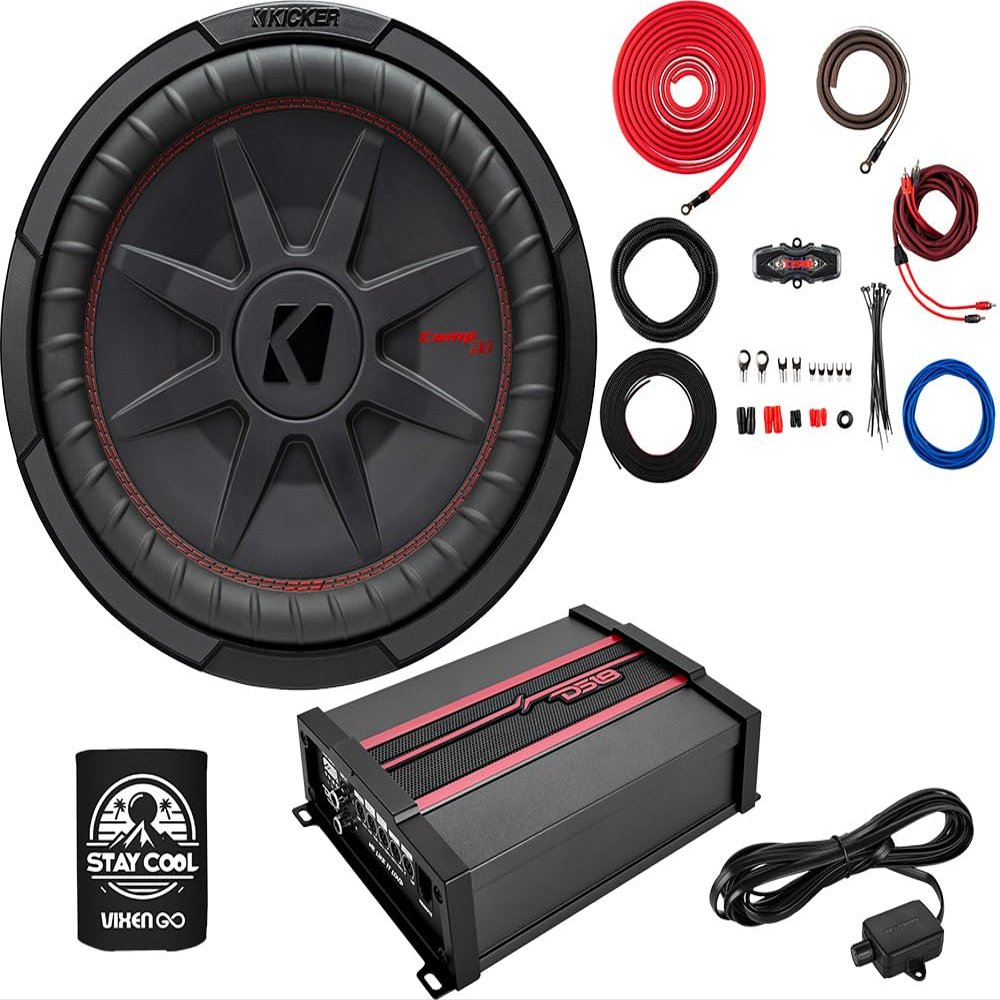 KICKER Subwoofer and Amp Package of 3 Items - 12" CompRT 1000 Watt Sub, DS18 Class D Monoblock Amplifier, and Complete 4AWG Wiring Kit