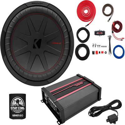 KICKER Subwoofer and Amp Package of 3 Items - 12" CompR 1000 Watt Max Sub, DS18 Class D Monoblock Amplifier, and Complete 4AWG Wiring Kit