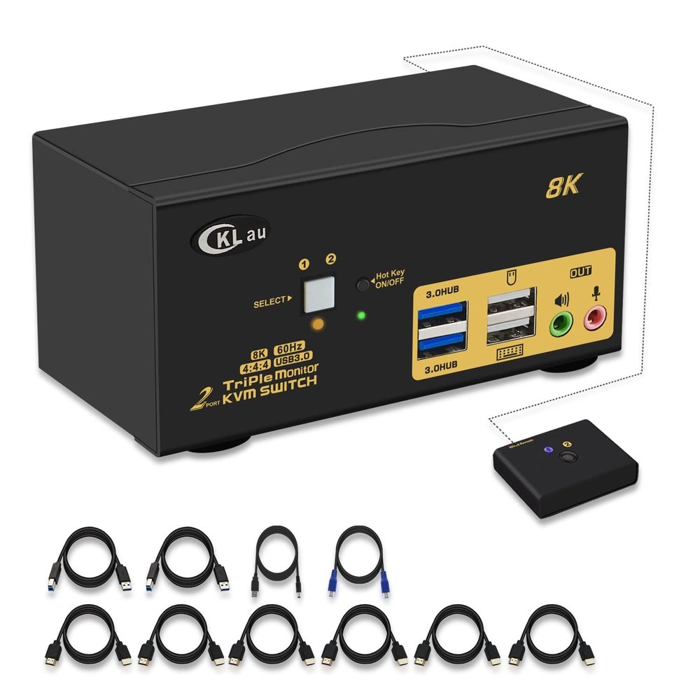 CKLau 2 Port USB 3.0 Triple Monitor KVM Switch HDMI 2.1 8K@60Hz 4K@144Hz with Audio and All Input Cable for 2 Computers 3 Monitors Supports Hotkey Switching