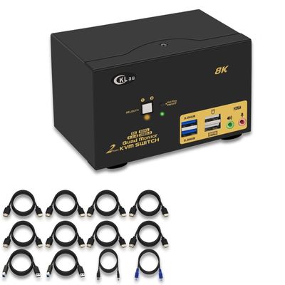 CKLau 2 Port USB 3.0 Quad Monitor KVM Switch HDMI 2.1 8K@60Hz 4K@144Hz with Audio Output and All Input Cable, 2 PCs 4 Monitors Video Keyboard Mouse Peripheral Sharing Switcher