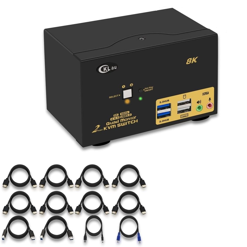 CKLau 2 Port USB 3.0 Quad Monitor KVM Switch HDMI 2.1 8K@60Hz 4K@144Hz with Audio Output and All Input Cable, 2 PCs 4 Monitors Video Keyboard Mouse Peripheral Sharing Switcher