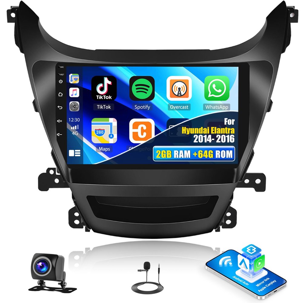 2+64G Android Car Stereo for Hyundai Elantra 2014 2015 2016 with Apple Carplay Android Auto Mirror Link 9 inch Touchscreen Radio Head Unit FM RDS HiFi Bluetooth WiFi GPS + AHD Backup Camera & MIC
