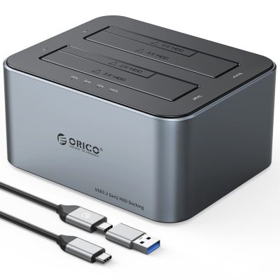 ORICO Hard Drive Docking Station with Offline Clone, Aluminum Alloy Dual Bay USB C to SATA Hard Drive Dock Holder for 2.5 or 3.5 Inch HDD 36TB UASP Support,Gray (6626C3-C)