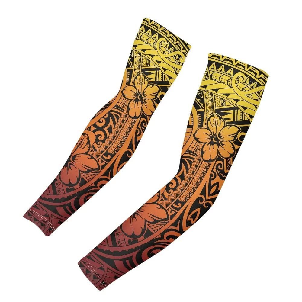 JOAIFO 1 Pair Sun Protection Arm Sleeves Tribal Tattoo and Hibiscus Print Sun Sleeves for Men Women Youth for Football,Golf,Volleyball