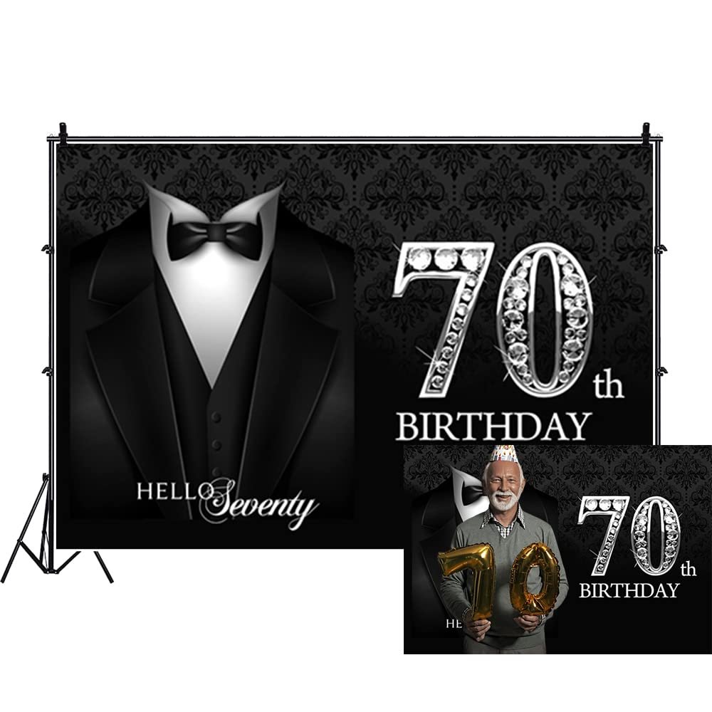 DORCEV 12x8ft Men 70th Birthday Tuxedo Backdrop for Party Diamonds Black Necktie Suit Tuxedo Photography Background Hello Seventy Father Grandpa Luxury Birthday Party Supplies Adults Portrait Props