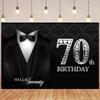 DORCEV 12x8ft Men 70th Birthday Tuxedo Backdrop for Party Diamonds Black Necktie Suit Tuxedo Photography Background Hello Seventy Father Grandpa Luxury Birthday Party Supplies Adults Portrait Props view 2