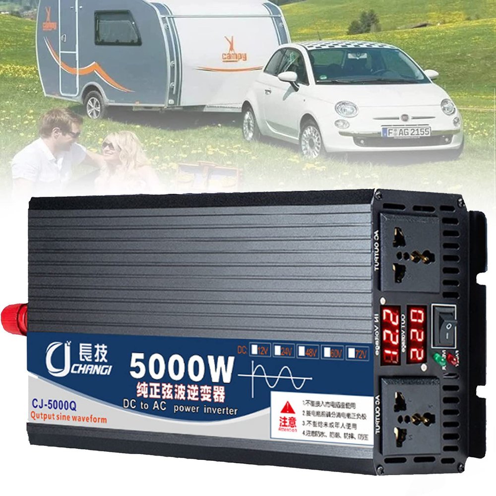 Pure Sine Wave Power Inverter 3000W 4000W 5000W DC 12V 24V 48V 60V to AC 110V 220V Voltage Converters Transformer with Dual AC Outlets Car Inverter,for Truck RV Home Solar System,5000W-24Vto110V