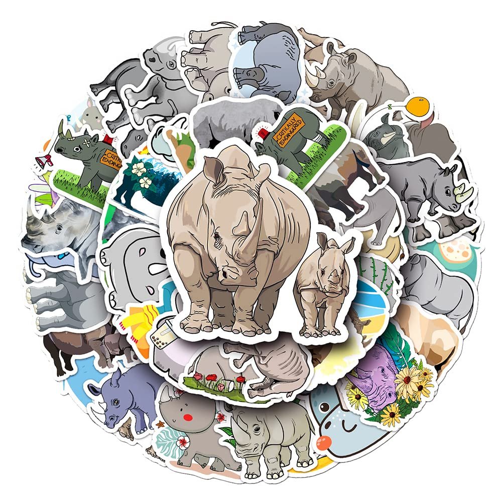 Lovely Rhinoceros Vinyl Stickers, 50 PCS Waterproof Illustrated Animal Decals for Laptops, Scrapbooking, Journals, Notebooks, Water Bottles, Suitcases, Phones & DIY Decor