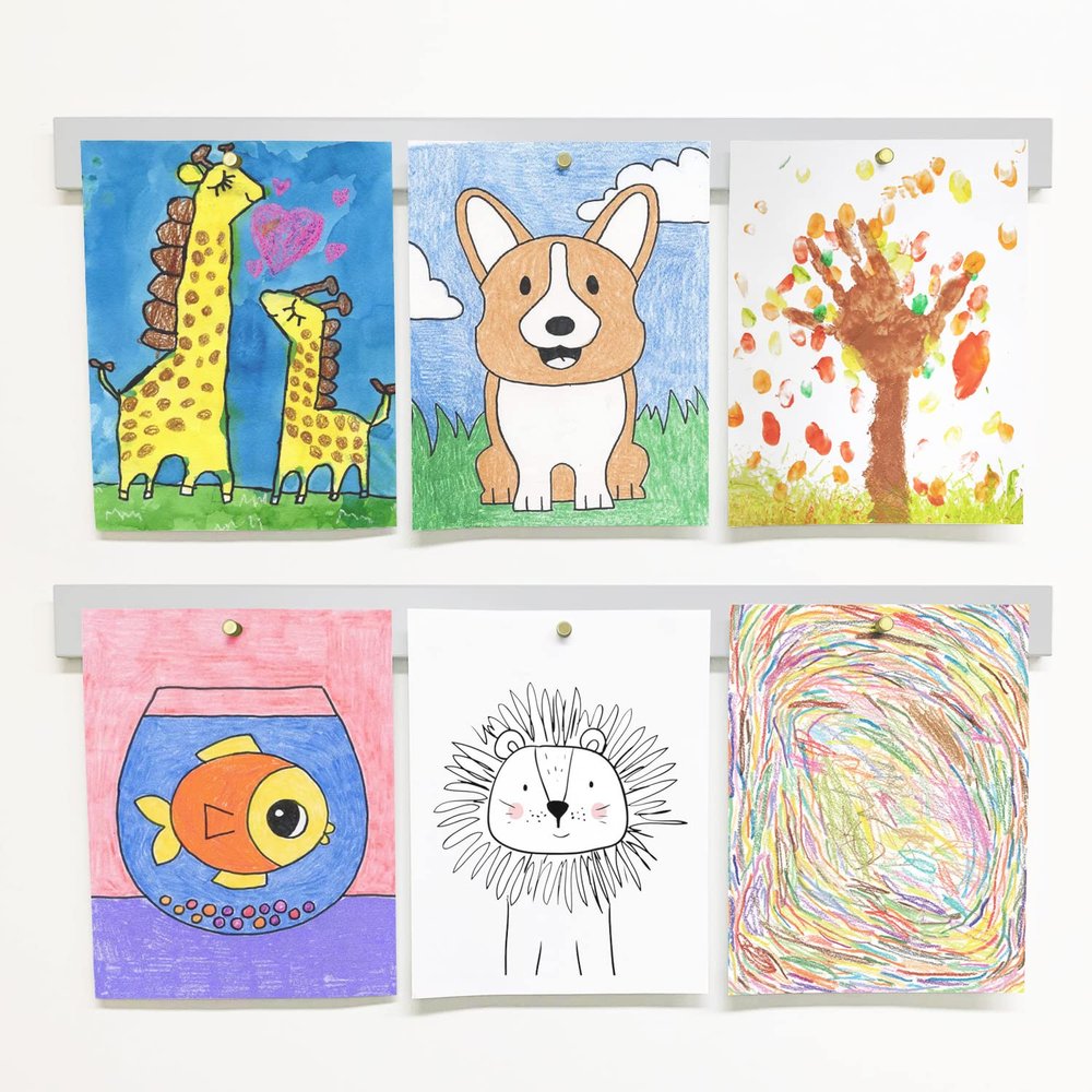 Mitus Wall Mount Art Display - Hanging Kids Art Room Dcor - 28" Magnetic Bar (Set of 2) Gray with Gold Magnets