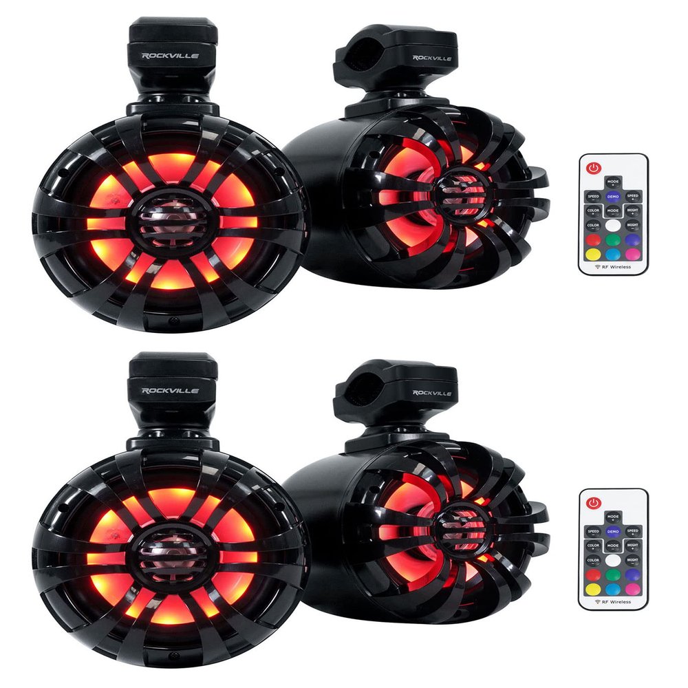 Rockville WB50KLS Black 5.25 in 250-Watt Metal Marine Wakeboard LED Tower Speakers, Waterproof and UV Resistant, for Boats, UTV, ATV, and Outdoor Powersports Audio Systems, 4-Piece