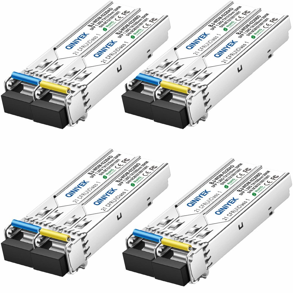 QINIYEK 4 Pairs of 1.25G SFP BIDI Module, 1000Base-BIDI WDM Transceiver, Tx1310/Rx1550nm for Cisco GLC-BX-20U, Cisco GLC-BX-20D, Ubiquiti, Mikrotik, D-Link, Supermicro, Netgear .(SMF,20km,DDM)