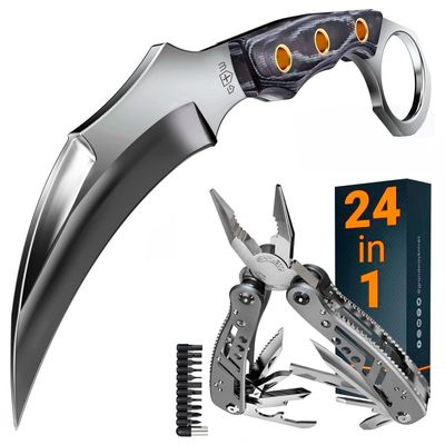 Tactical Knife with Sheath & Micarta Handle Small Fixed Blade Knife Multitool 24-in-1 with Mini Tools Knife Pliers and 11 Bits