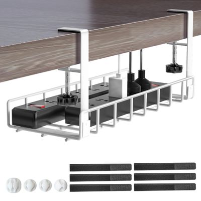 Under Desk Cable Management Tray, Xpatee Upgraded Wire Management No Drill No Screws, Cable Tray with Clamp for Wire Organizers, Computer Cord Rack for Office, Home - No Damage to Desk White