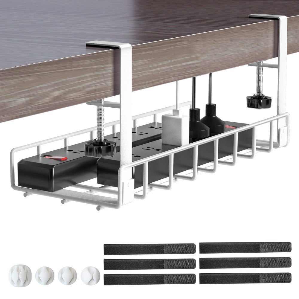 Under Desk Cable Management Tray, Xpatee Upgraded Wire Management No Drill No Screws, Cable Tray with Clamp for Wire Organizers, Computer Cord Rack for Office, Home - No Damage to Desk White