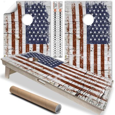 Cornhole Wraps for Boards Vinyl Decals Set of 2, Lake Life Design, 25+ Options Available, Durable Cornhole Stickers/Skins for Outdoor Play (Boards Not Included, Cracked Wood Flag)