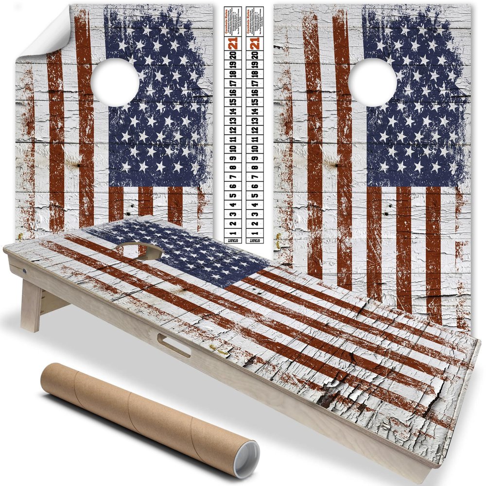 Cornhole Wraps for Boards Vinyl Decals Set of 2, Lake Life Design, 25+ Options Available, Durable Cornhole Stickers/Skins for Outdoor Play (Boards Not Included, Cracked Wood Flag)