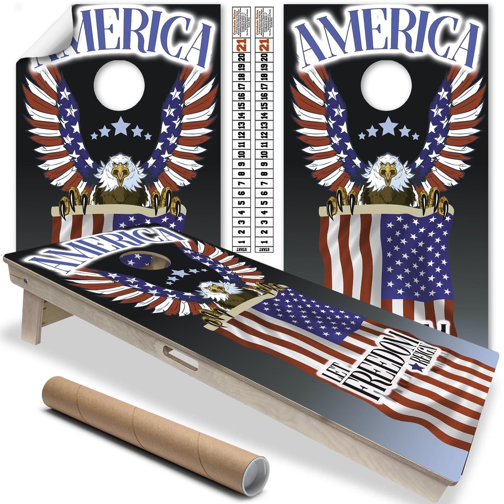 Cornhole Wraps for Boards Vinyl Decals (Set of 2) Eagle and Flag Lake Life Design Durable Corn Hole Bean Bag Toss Wraps, Stickers & Skins Outdoor Game Board Covers (Boards Not Included)