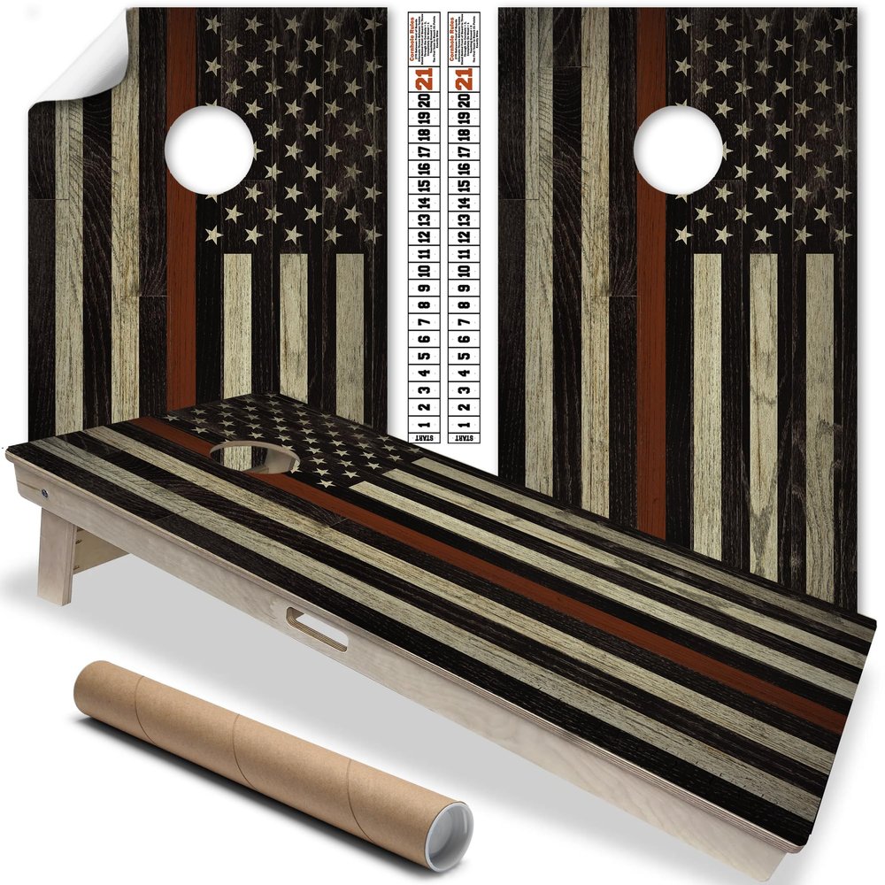Lone Star Art Cornhole Board Wraps and Decals for Boards Set of 2 Skins Professional Vinyl Covers Sticker - Firefighter Red Line American Flag Fire Department Decal (Fire Fighter Support Flag)