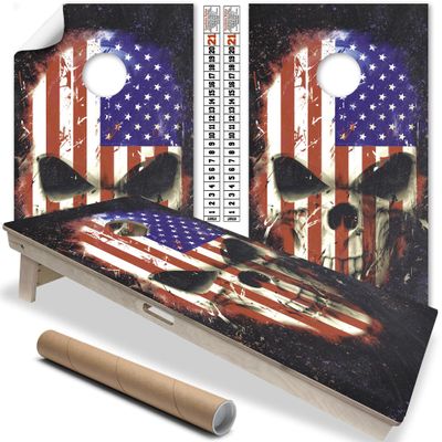 Cornhole Wraps for Boards Vinyl Decals (Set of 2) Patriotic Skull American Flag Art Corn Hole Bean Bag Toss Stickers Cornhole Skins Cornhole Wraps for Boards (Boards Not Included) (Flag Skull)