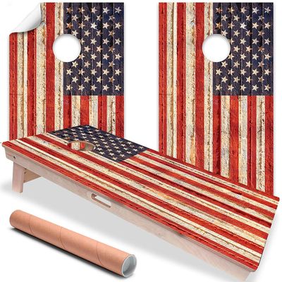 Cornhole Wraps for Boards Vinyl Decals (Set of 2) Rustic American Flag Lake Life Design Durable Corn Hole Bean Bag Toss Wraps, Stickers & Skins Outdoor Game Covers (Boards Not Included)