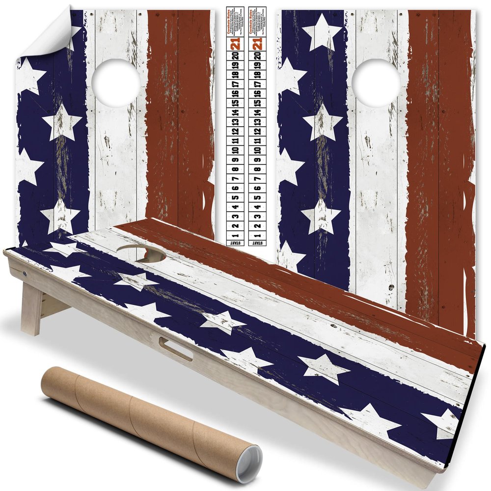 Cornhole Wraps for Boards Vinyl Decals (Set of 2) Lake Life Stars and Stripes Design, Bean Bag Toss Game Stickers, Durable Cornhole Skins for Outdoor Boards (Boards Not Included)