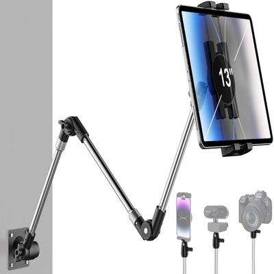 woleyi Aluminum Tablet Wall Mount Holder - 35 Inch Foldable Arm Tablet Stand for Wall, 360 Adjustable Webcam Camera Clip, for iPad Pro Air Mini, Galaxy Tabs, Z Fold, Fire HD, iPhone, 4.7-13" Devices