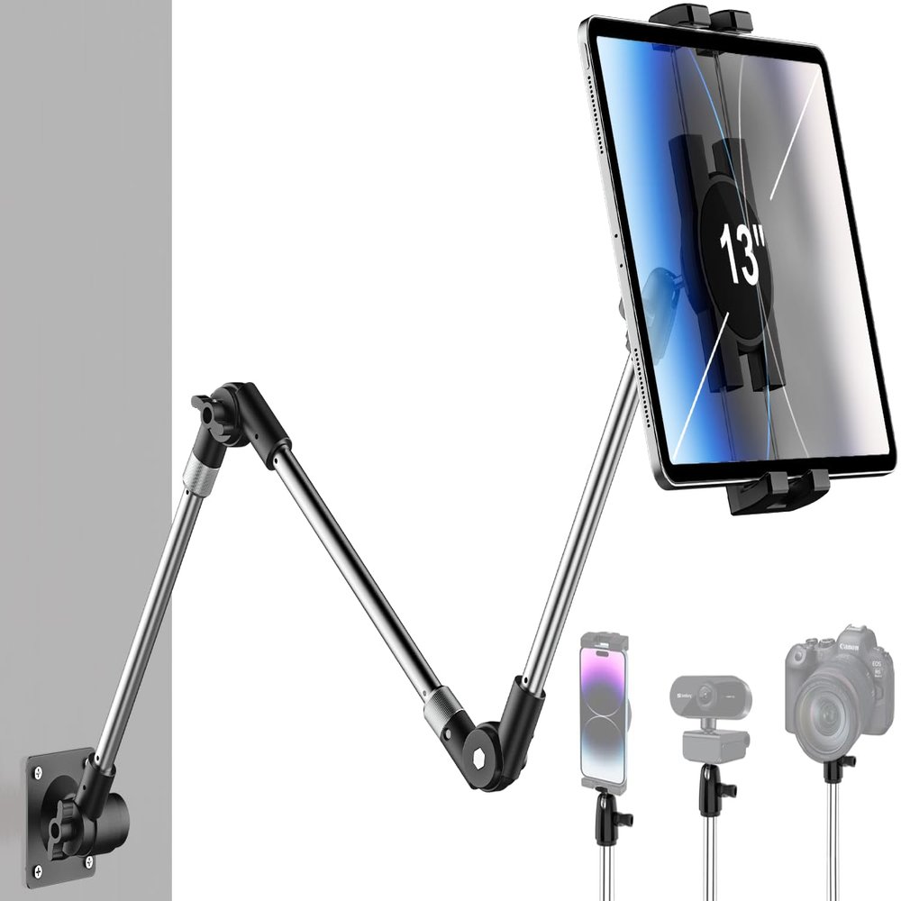 woleyi Aluminum Tablet Wall Mount Holder - 35 Inch Foldable Arm Tablet Stand for Wall, 360 Adjustable Webcam Camera Clip, for iPad Pro Air Mini, Galaxy Tabs, Z Fold, Fire HD, iPhone, 4.7-13" Devices
