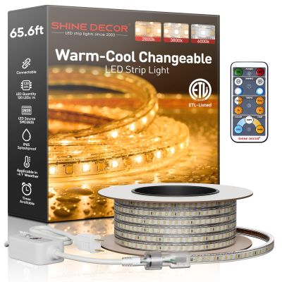 Shine Decor LED Strip Light Connectable, CCT 2800-6000K Warm-Cool Changing Tone for Room, 65FT 120V Plug-in Outdoor Rope Lighting Cold Resistant Waterproof ETL Listed, Remote Timer Available