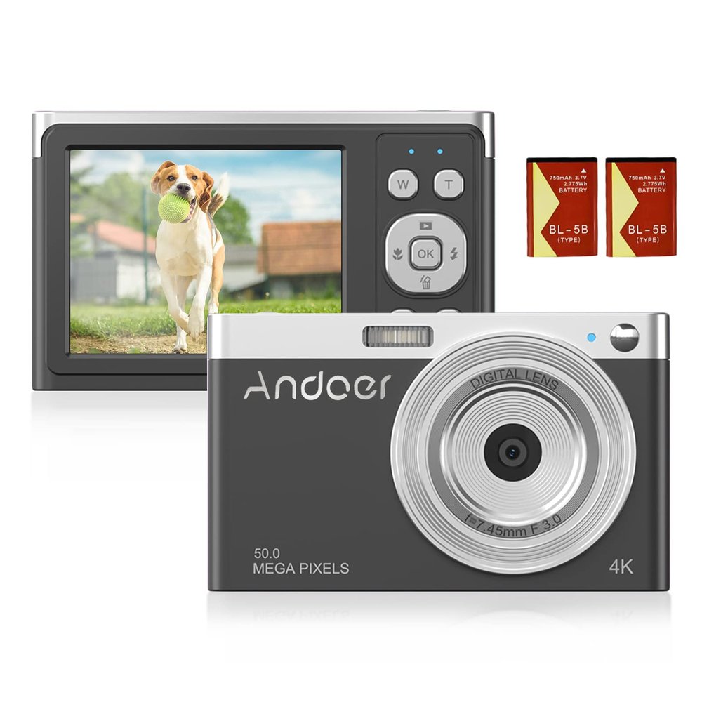 Andoer 4K Digital Camera Camcorder 50MP Camcorder 2.88in IPS Screen Auto Focus 16X Zoom Anti-Shake Face Detection Built-in Flash with 2 Cell Battery for Kids Teens