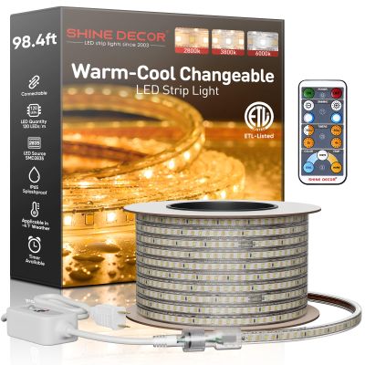 Shine Decor LED Strip Light Connectable, CCT 2800-6000K Warm-Cool Changing Tone for Room, 98FT 120V Plug-in Outdoor Rope Lighting Cold Resistant Waterproof ETL Listed, Remote Timer Available