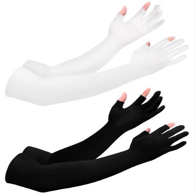Bencailor 2 Pairs Sun Arm Sleeves for Men Women with 2 Finger Holes Anti Slip Long Cooling Arm UV Protective Sleeves (Black, White)