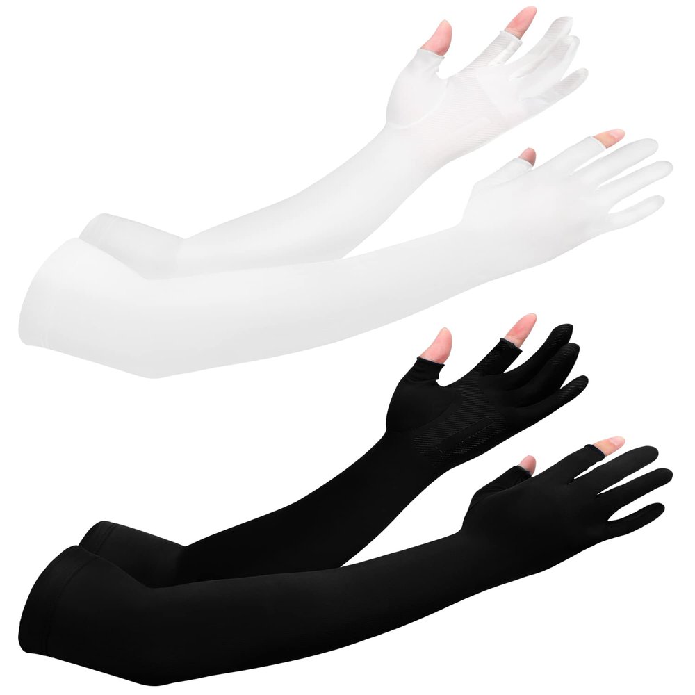 Bencailor 2 Pairs Sun Arm Sleeves for Men Women with 2 Finger Holes Anti Slip Long Cooling Arm UV Protective Sleeves (Black, White)
