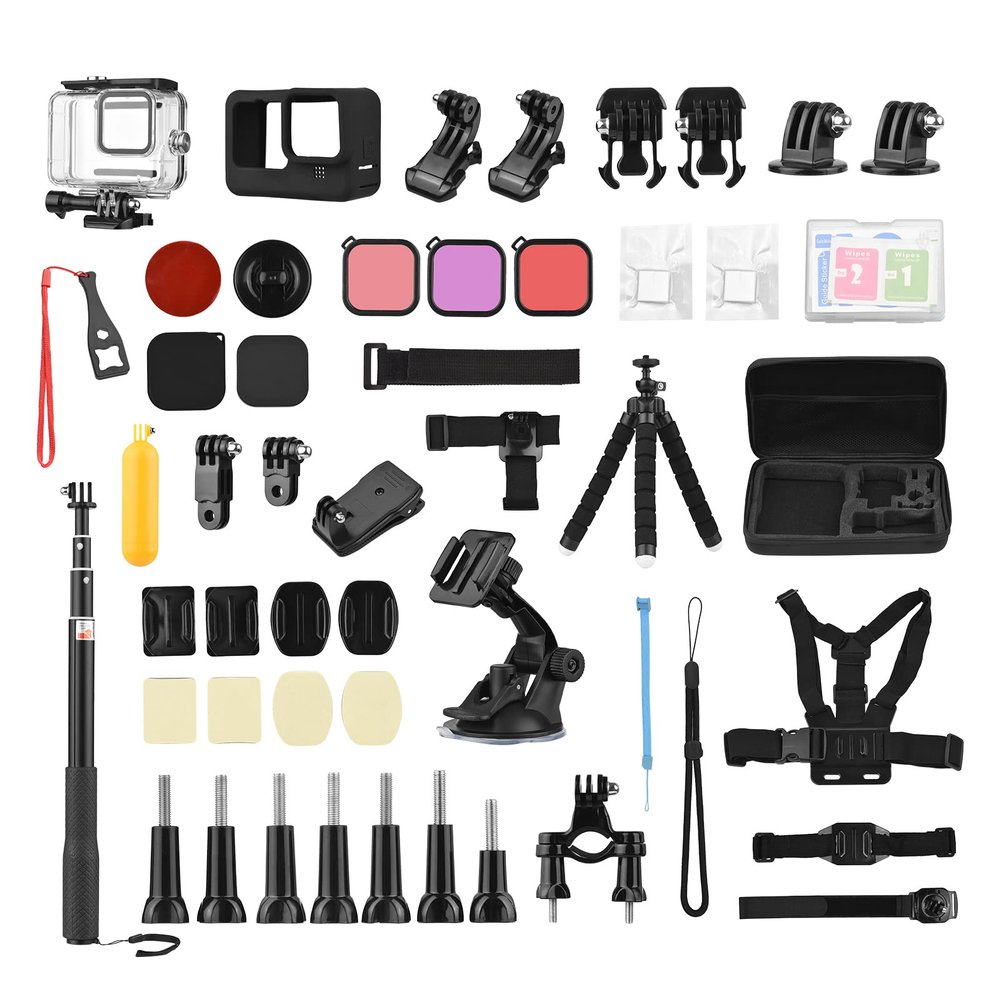 Andoer Action Camera Accessory Kit, Compatible with GoPro Hero 10/9, Sports Camera Accessory Set with Waterproof Case, Silicone Protective Case, Selfie Stick, Various Mounts and More, Carry Bag