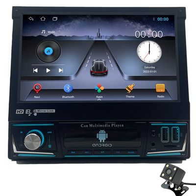 1 Din Bluetooth Car Stereo GPS Navigation 7" Retractable HD Touch Screen MP5 Radio Player Satnav FM USB TF AUX-in Mirror Link for Android/iOS Steering Wheel Control with Rear View Camera