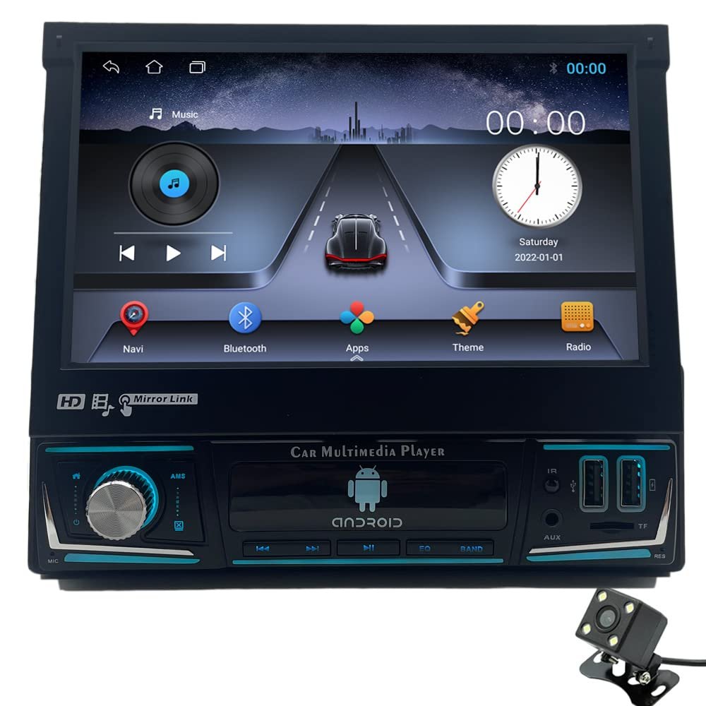 1 Din Bluetooth Car Stereo GPS Navigation 7" Retractable HD Touch Screen MP5 Radio Player Satnav FM USB TF AUX-in Mirror Link for Android/iOS Steering Wheel Control with Rear View Camera