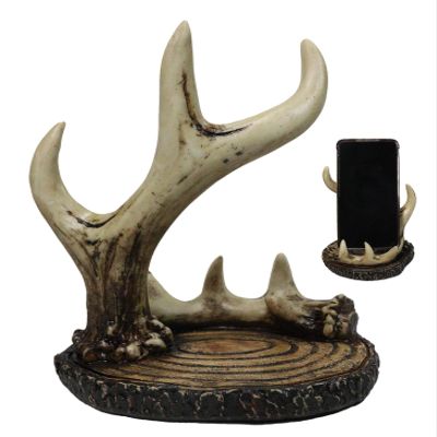 Ebros Gift Rustic Buckhorn Stag Deer Antler On Faux Wood Slice Cell Phone Holder Resin Decor Figurine 6" H Hand Cellular Device Organizer Hunters Deers Antler Racks Cabin Lodge Cottage Home