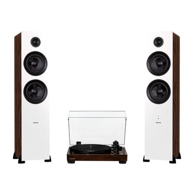 Fluance RT81 Elite High Fidelity Vinyl Turntable (Walnut) with Ai81 Powered 2-Way Floorstanding Speakers (White Walnut), Diamond Stylus, Belt Drive, Built-in Preamp, 150W Class D Amplifier, Bluetooth