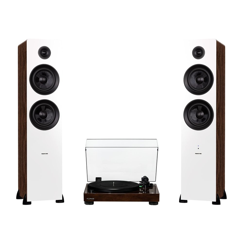 Fluance RT81 Elite High Fidelity Vinyl Turntable (Walnut) with Ai81 Powered 2-Way Floorstanding Speakers (White Walnut), Diamond Stylus, Belt Drive, Built-in Preamp, 150W Class D Amplifier, Bluetooth