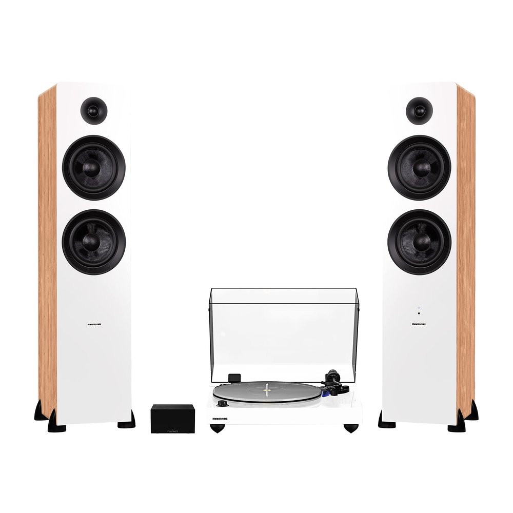 Fluance RT85 Reference High Fidelity Vinyl Turntable (White), PA10 Phono Preamp and Ai81 Powered Floorstanding Speakers (Bamboo), Ortofon 2M Blue Cartridge, 150W Class D Amplifier, Bluetooth