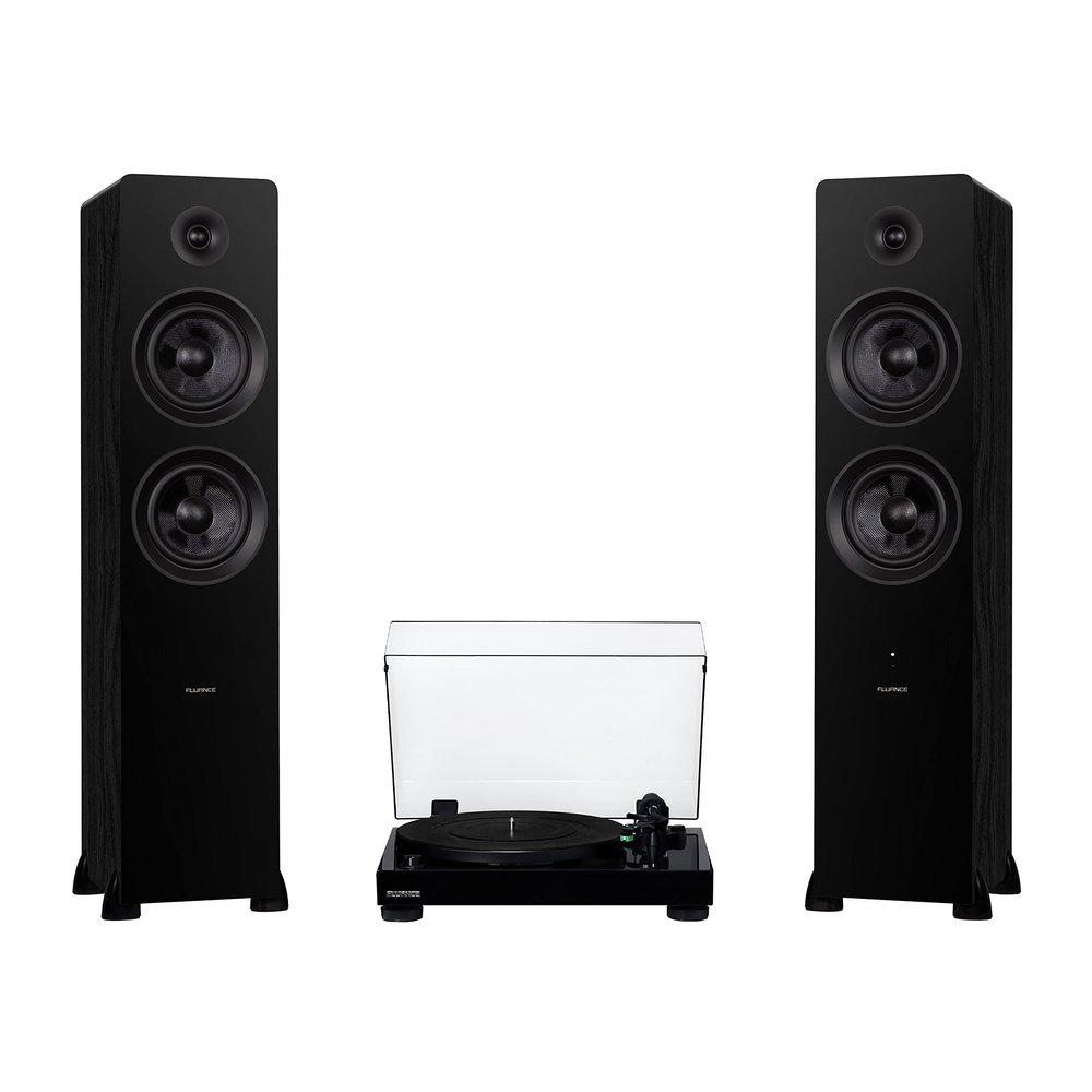 Fluance RT81 Elite High Fidelity Vinyl Turntable (Piano Black) with Ai81 Powered 2-Way Floorstanding Speakers (Black Ash) Diamond Stylus, Belt Drive, Built-in Preamp, 150W Class D Amplifier, Bluetooth
