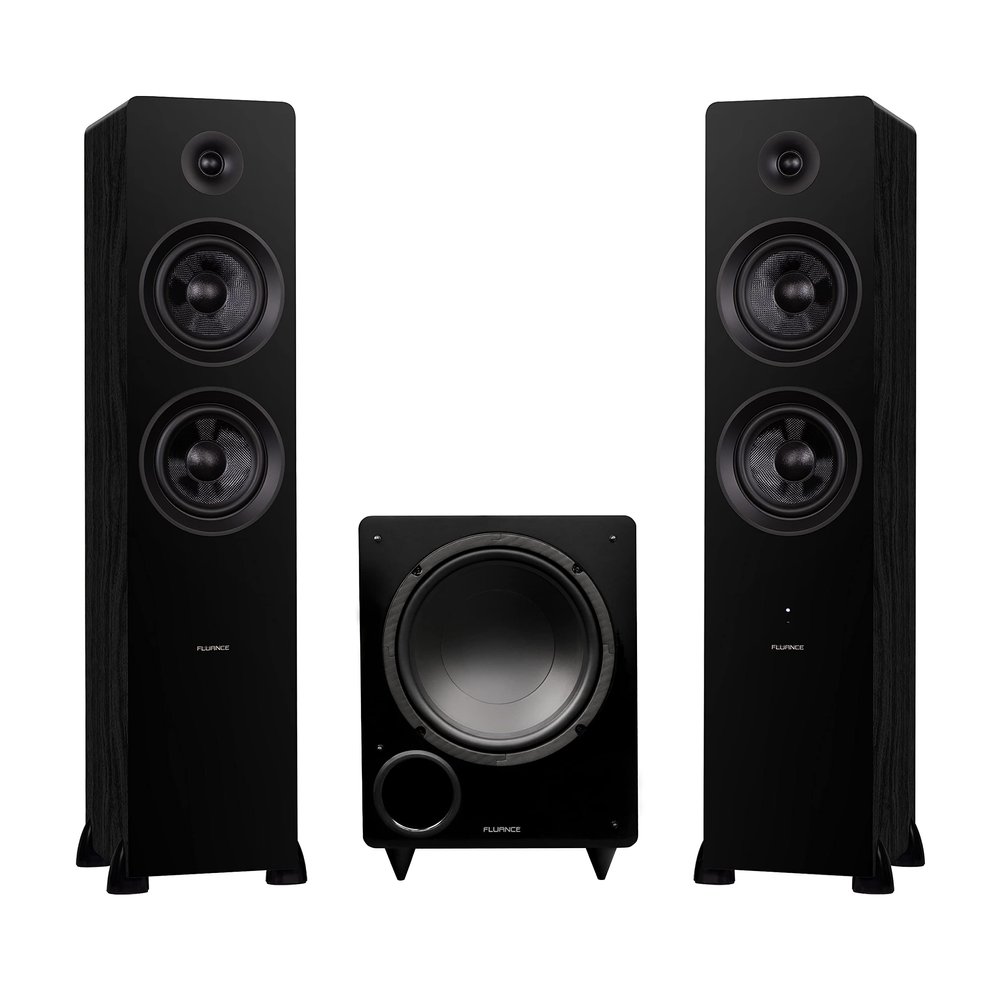 Fluance Ai81 Powered Floorstanding Tower Speakers and DB10 10" Low Frequency Ported Front Firing Powered Subwoofer with 15 Feet RCA Ultimate Performance Collection Subwoofer Cable (Black Ash)