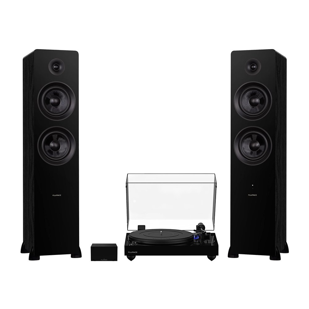 Fluance RT84 Reference High Fidelity Vinyl Turntable (Piano Black), PA10 Phono Preamp and Ai81 Powered Floorstanding Speakers (Black Ash), Ortofon 2M Blue Cartridge, 150W Class D Amplifier, Bluetooth