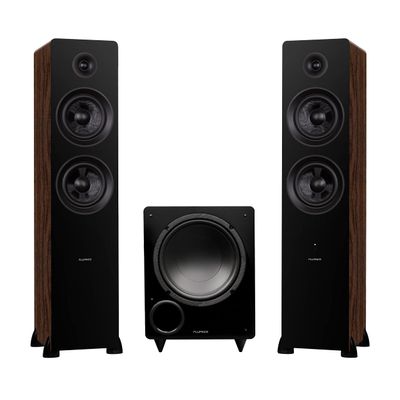 Fluance Ai81 Powered Floorstanding Tower Speakers and DB10 10" Low Frequency Ported Front Firing Powered Subwoofer with 15 Feet RCA Ultimate Performance Collection Subwoofer Cable (Natural Walnut)