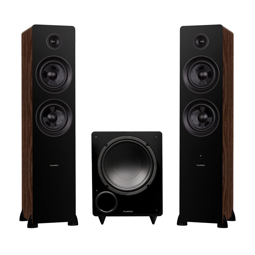 Fluance Ai81 Powered Floorstanding Tower Speakers and DB10 10" Low Frequency Ported Front Firing Powered Subwoofer with 15 Feet RCA Ultimate Performance Collection Subwoofer Cable (Natural Walnut)