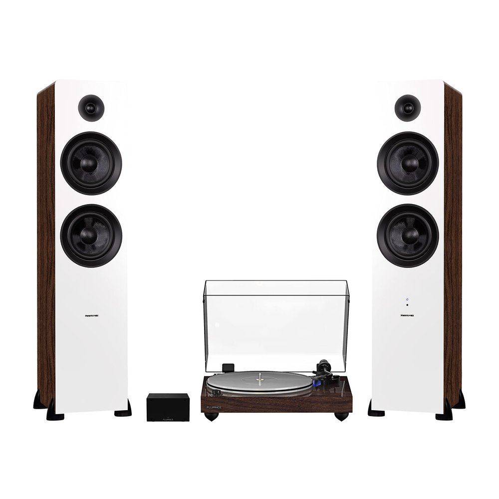 Fluance RT85 Reference High Fidelity Vinyl Turntable (Walnut), PA10 Phono Preamp and Ai81 Powered Floorstanding Speakers (White Walnut), Ortofon 2M Blue Cartridge, 150W Class D Amplifier, Bluetooth