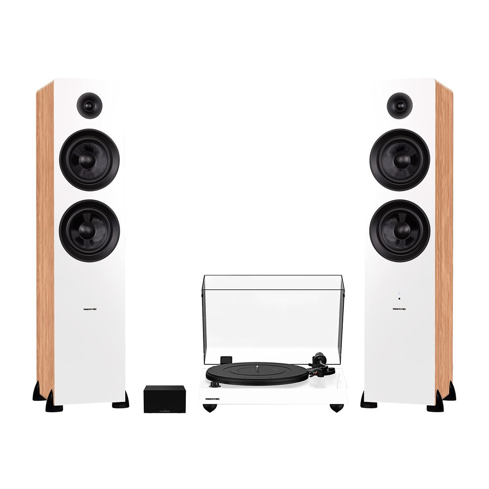 Fluance RT82 Reference High Fidelity Vinyl Turntable (White), PA10 Phono Preamp and Ai81 Powered Floorstanding Speakers (Bamboo), Ortofon OM10 Cartridge, 150W Class D Amplifier, Bluetooth