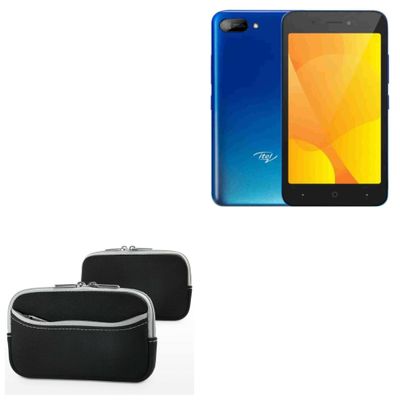 BoxWave Case Compatible with itel A25 - SoftSuit with Pocket, Soft Pouch Neoprene Cover Sleeve Zipper Pocket - Jet Black with Grey Trim