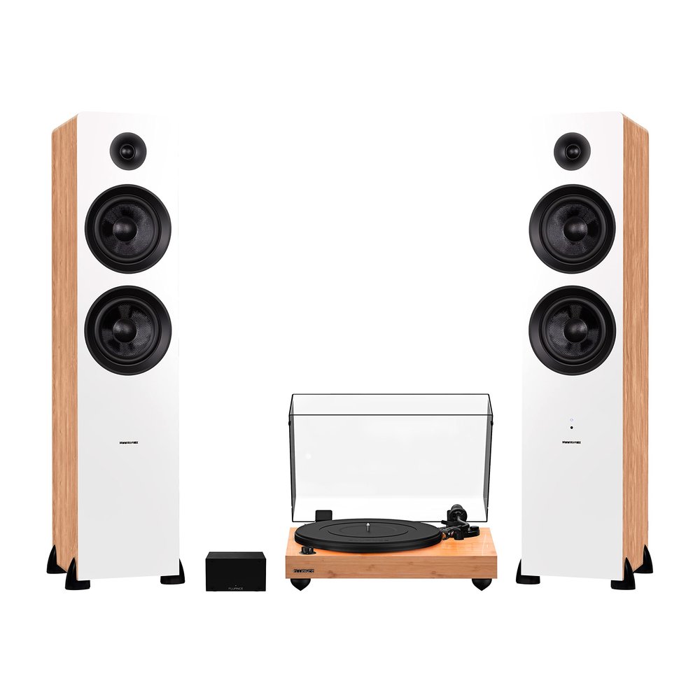 Fluance RT82 Reference High Fidelity Vinyl Turntable, PA10 Phono Preamp and Ai81 Powered Floorstanding Speakers, Ortofon OM10 Cartridge, 150W Class D Amplifier, Bluetooth (Lucky Bamboo)