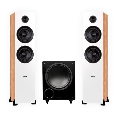 Fluance Ai81 Powered Floorstanding Tower Speakers (Bamboo) and DB10 10" Low Frequency Ported Front Firing Powered Subwoofer (Black Ash) with 15 Feet RCA Ultimate Performance Collection Subwoofer Cable